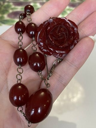 Antique Art Deco Bakelite Cherry Amber Bead Necklace & Brooch Pin