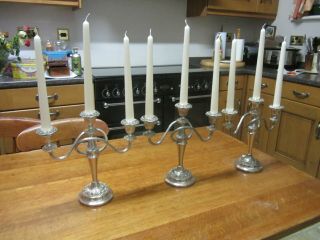 Spectacular Old Trio Of Antique Regency Style Silver Plated 3 Branch Candelabras