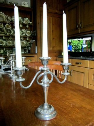 Spectacular Old Trio of Antique Regency Style Silver Plated 3 Branch Candelabras 3