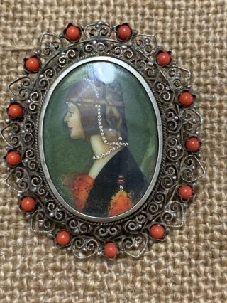 Antique 800 Silver Hand Painted Portrait Cameo Pin Brooch Pendant