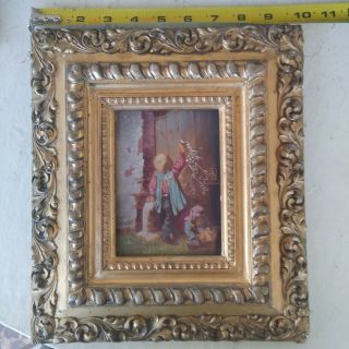 Antique 19th Century Oleograph On Wood Genre Painting Children At Play Bin Bo