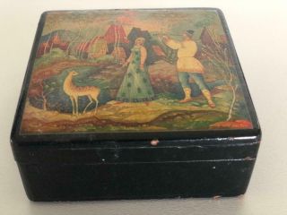 Antique Russian Black Lacquer Hand Painted Box Man Playing Flute Detai