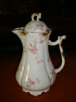 Antique Limoges J.  P.  L.  Chocolate Coffee Tea Pot,  Pink Flowers & Gold 10 1/2 "