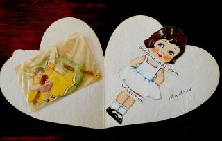 Vtg Valentine Card Sweet Girl Paper Doll Dresses Hats Art Deco