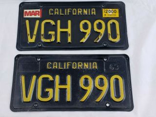 1963 California 2000 License Plate Pair Vgh 990 Plates Black Gold Yellow