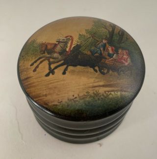 Antique Russian Hand Painted Small Vishnyakov Lacquer Box Caddy With Troyka