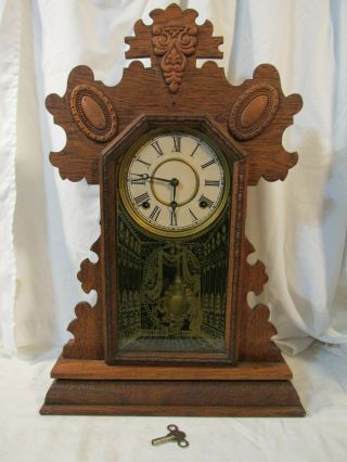 Antique E Ingraham Shelf Parlor Clock Oak 8 Day 3 03