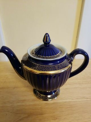 Vintage Hall 6 Cup Teapot Cobalt Blue With Gold Design 083 Made In Usa