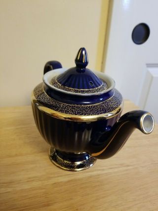 Vintage Hall 6 Cup Teapot Cobalt Blue With Gold Design 083 Made in USA 2