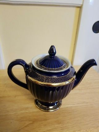 Vintage Hall 6 Cup Teapot Cobalt Blue With Gold Design 083 Made in USA 3