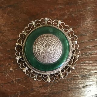 Vintage Sterling Silver Aztec Mayan Calendar Pin Brooch Or Pendant,  Green Stone