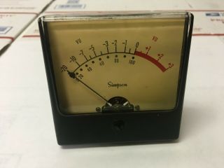 Vintage Simpson Vu Meter - 20 To,  3 Analog Meter 3.  25 " X 3.  25 "