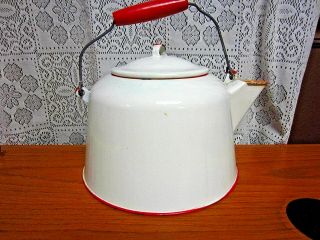 Vintage Enamel Ware - Red & White Tea Kettle Pot W/ Wood Handle - Farmhouse Kitchen