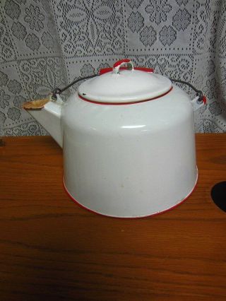 Vintage Enamel Ware - Red & White Tea Kettle Pot W/ Wood Handle - Farmhouse Kitchen 3