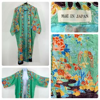 Antique 1920’s Silk Organza Kimono Robe Made In Japan Hand Stitched Green