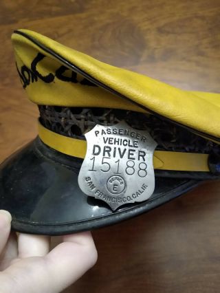 Vintage Yellow Cab Taxi Driver Hat Size 7 5/8 Lancaster Brand With Driver Badge