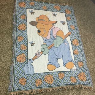 Vintage Winnie The Pooh Farmer Woven Blanket Tapestry Fringed Edges 64 X 45 In