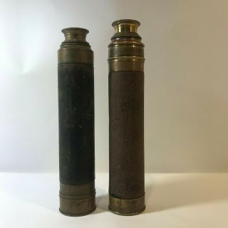 Antique Collectable (two) Brass & Leather Spyglass Telescopes 3 Draw France