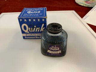 Vintage 1940 Parker Quink Permanent Blue - Black 4 Oz.  Ink In Glass Bottle (usa)
