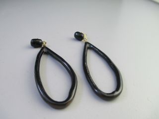 Antique Whitby Jet 14k Gold Earrings Victorian Mourning Jewelry Hoop Dangles