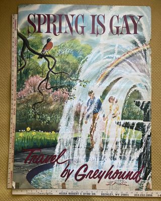 Vintage Greyhound Bus Travel Window Poster SPRING IS GAY 38 