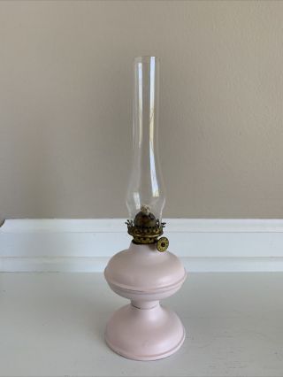 Vintage Small White Metal Oil Lamp With Mfg Acorn Burner 9.  5”