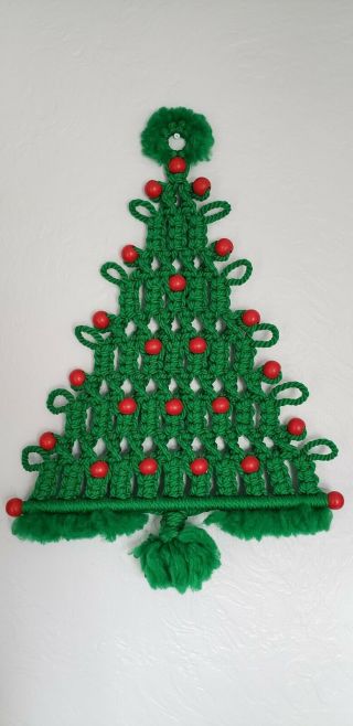 Vtg Macrame Christmas Tree Wall Hanging Red Wooden Beads Green Art Mcm 26” Boho