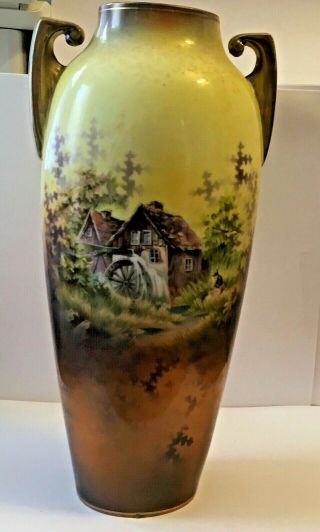 Antique R.  S.  Prussia Double Handled Vase Mill Scene Red Mark 9 1/2 " T By 5 " W