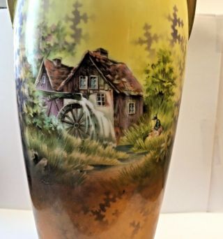 ANTIQUE R.  S.  PRUSSIA DOUBLE HANDLED VASE MILL SCENE RED MARK 9 1/2 