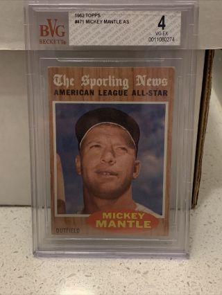 Mickey Mantle 1962 Topps 471 All Star 4 Vg - Ex Graded Bvg Beckett Vintage Card