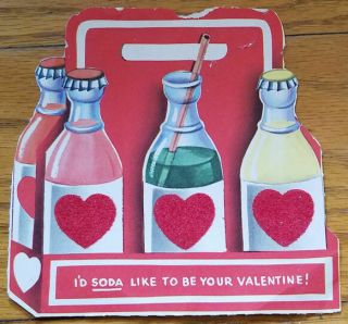 Die - Cut Vintage Valentine Card - Carton Of Soda - Pop Bottles With Flocked Hearts