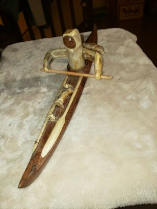 Antique Native American Eskimo Folk Art Canoe Kayak With Rider Inuit Provenance