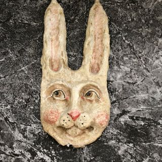 Vintage Paper Mache Resin Folk Art 8.  5”rabbit Head Long Ears Hand Painted Easter