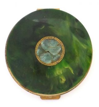 Vintage Small Powder Compact Green Yellow Marbled Bakelite Small Green Stones