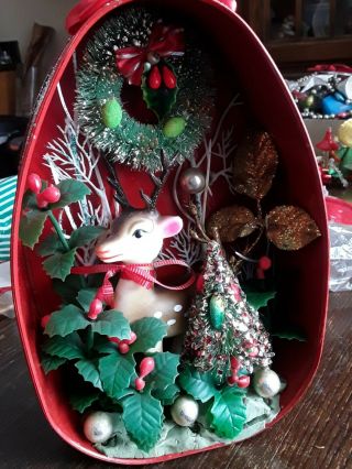 Vintage Christmas Tabletop Decoration Handmade In Ham Can Reindeer