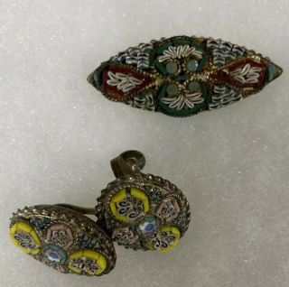 Vintage Victorian C Clasp Made In Italy Micro Mosaic Brooch And Screw Earrings