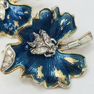 Vintage Crown Trifari Rhinestone Bug Clip Earrings Bee Insect Blue Enamel Leaf