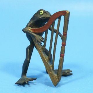 2 " Antique Austrian Bergmann? Vienna Bronze Cold Paint Frog Musician Harp C1890
