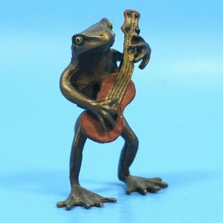 2 " Antique Austrian Bergmann? Vienna Bronze Cold Painted Frog Musician Guitar