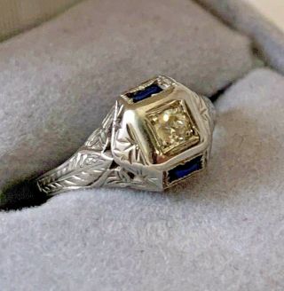 Antique 18k Solid White Gold Ladies Ring /diamond,  Sapphires 3 Grams.  Sz 7.  5 Nr