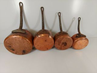 Set 4x Antique French Hammered Copper Nesting Sauce Pans Rustic Hanging Pots