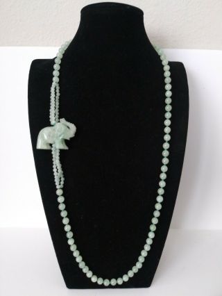 Vintage Carved Green Jade Stone Elephant/beads Necklace 30 Inches