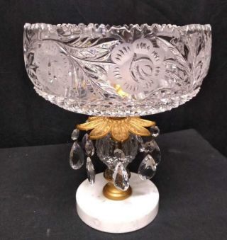 Vintage Large Crystal Glass,  Marble And Brass Footed Bowl Made In Austria