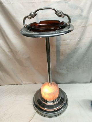 Vtg Art Deco Lighted Smoking Stand Amber Glass Ash Tray 27in Tall 1940s Slag