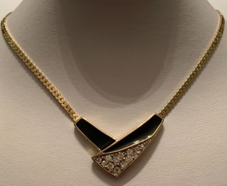 Vintage Signed Trifari Black Enamel Crystal Rhinestone Necklace Choker Gold Tone