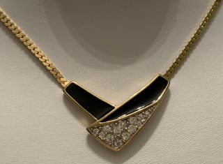 Vintage Signed Trifari Black Enamel Crystal Rhinestone Necklace Choker Gold Tone 2