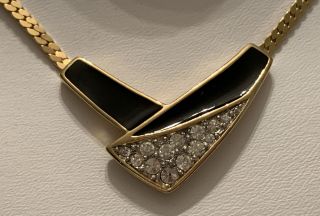 Vintage Signed Trifari Black Enamel Crystal Rhinestone Necklace Choker Gold Tone 3