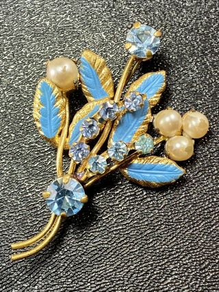Vintage Brooch Pin 2” Blue Enameled Flowers Crystal Rhinestones Faux Pearls Lot3