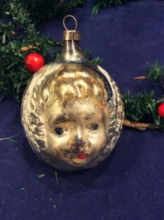 Rare Antique German Glass 2 Sided Angel Face And Wings Christmas Ornament