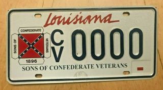 Rare Louisiana Sons Of Confederate Veterans Sample License Plate " Cv 0000 " La